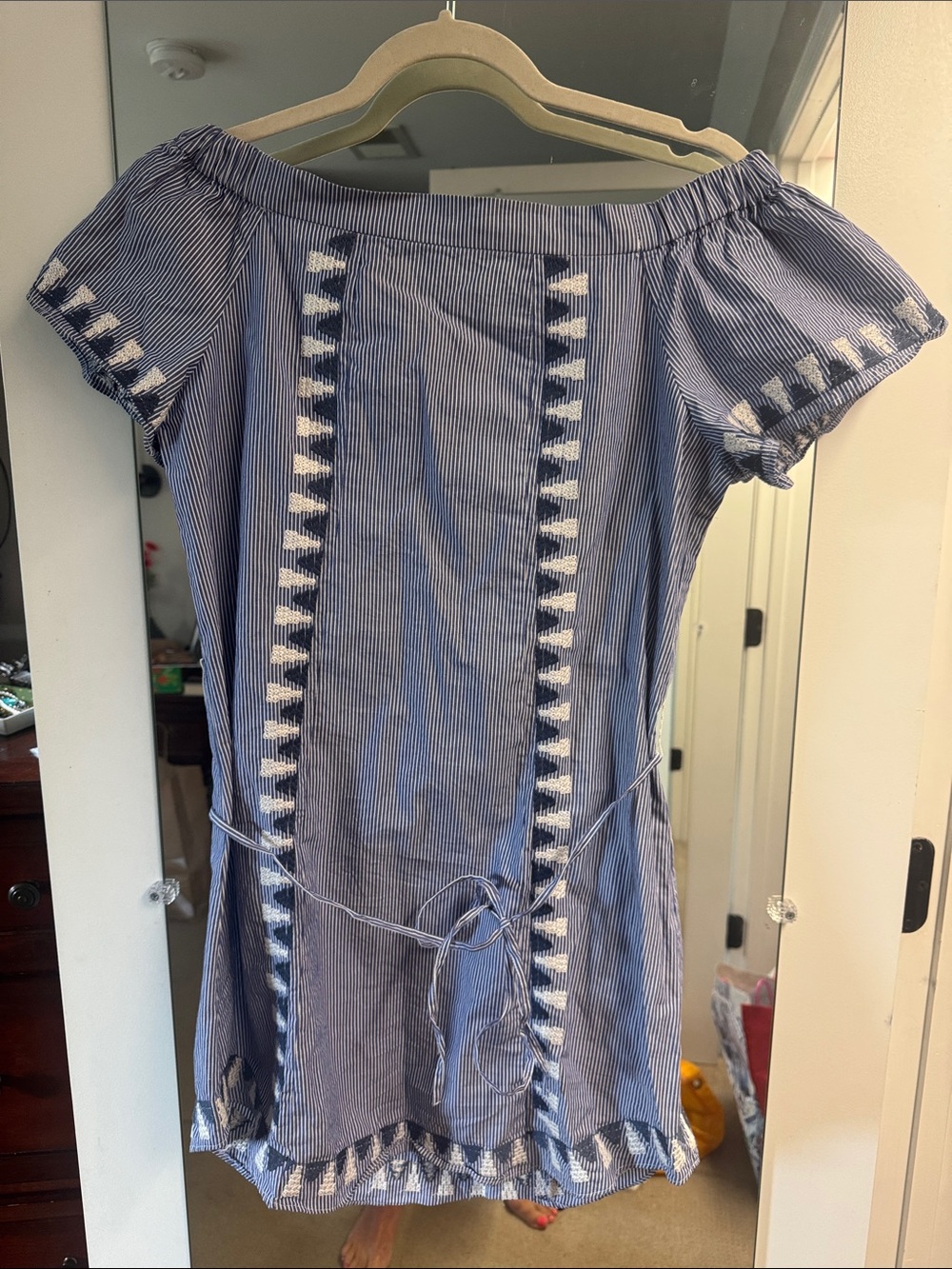 Stella & Dot Blue and White Striped Top with Orange Logo Detail